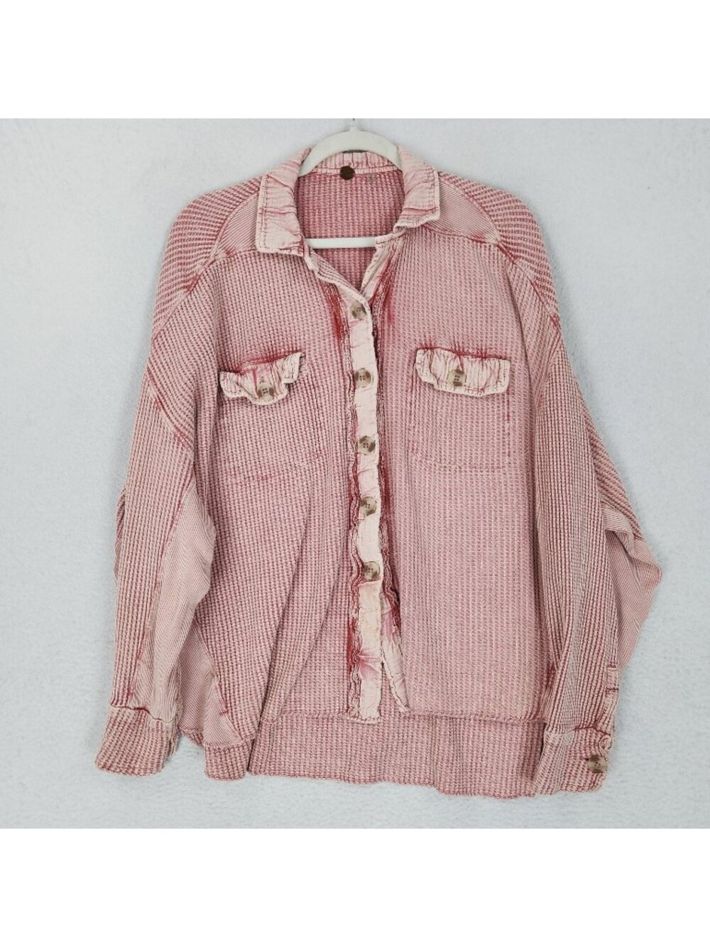 Free People Jacket Womens XS Pink Waffle Knit Scout Shacket Button Up Oversized